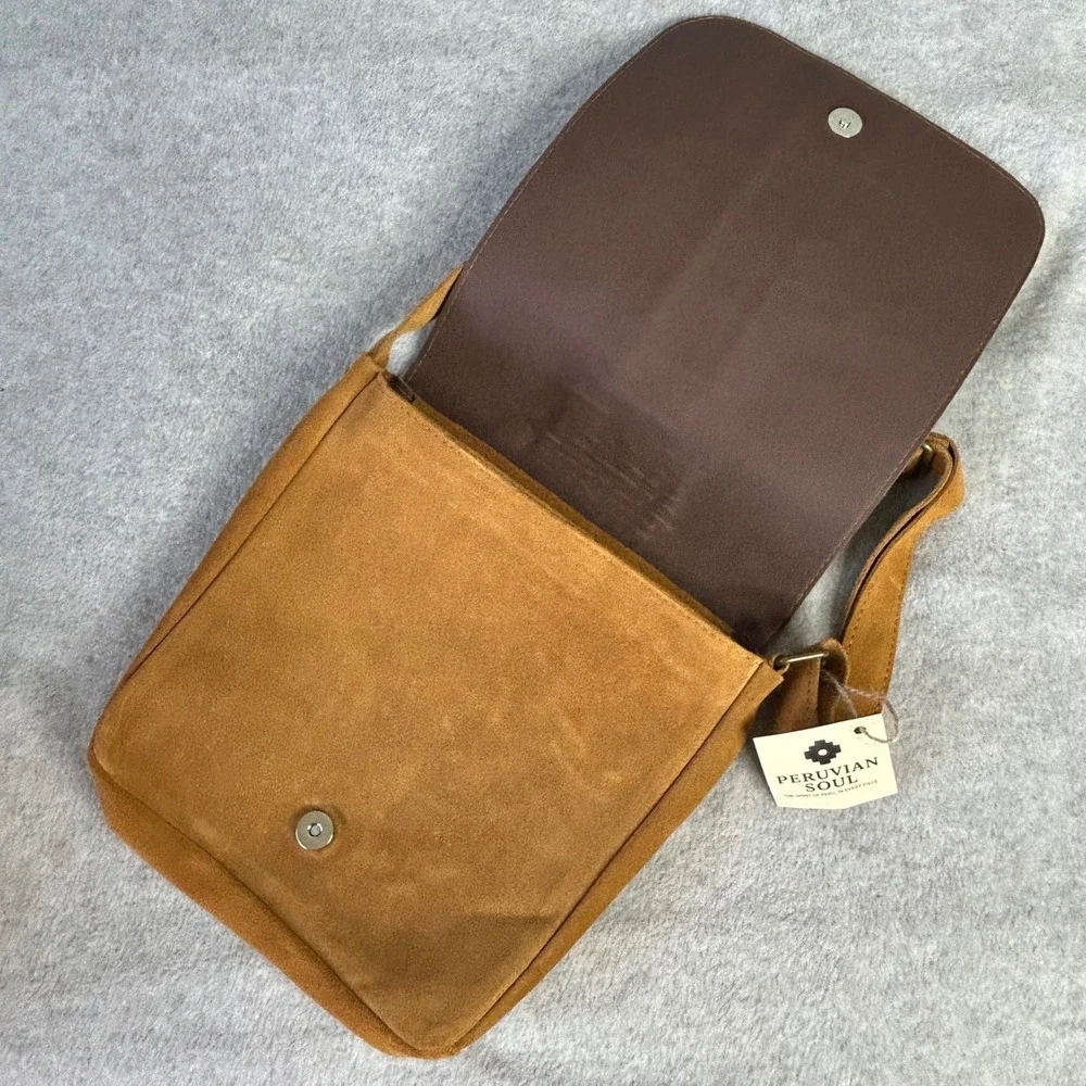 PERUVIAN SOUL Suede & Manta Messenger Bag‎ Olive Adjustable Strap Handcrafted